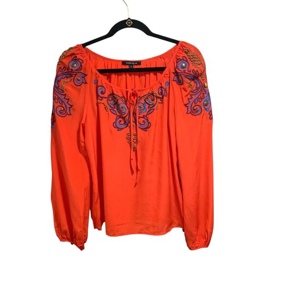 Nanette Lepore Womens Beaded Embroidered Paisley Detail Red Silk Blouse 6 Boho - Picture 1 of 11